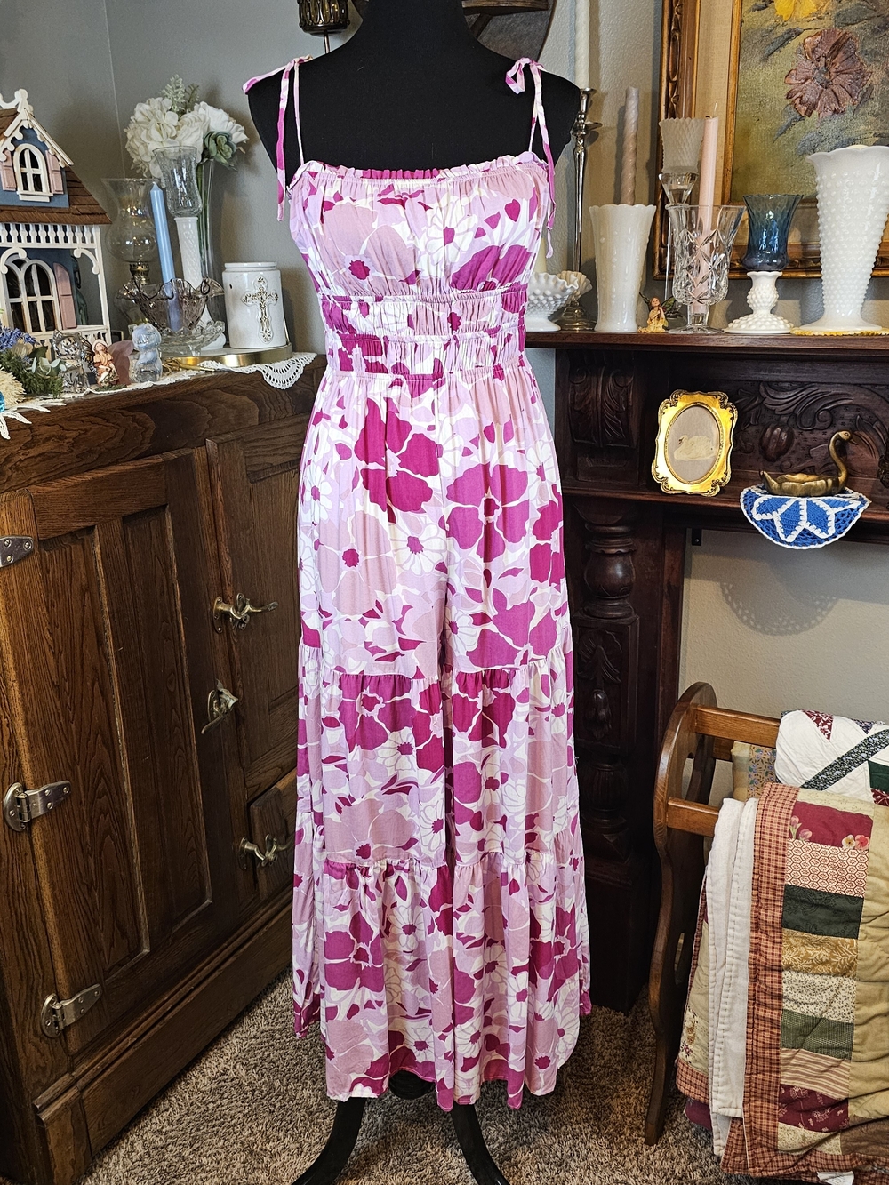 Storia Floral Wide Leg Jumpsuit Pink Tropical Smocked Tie Strap Size S